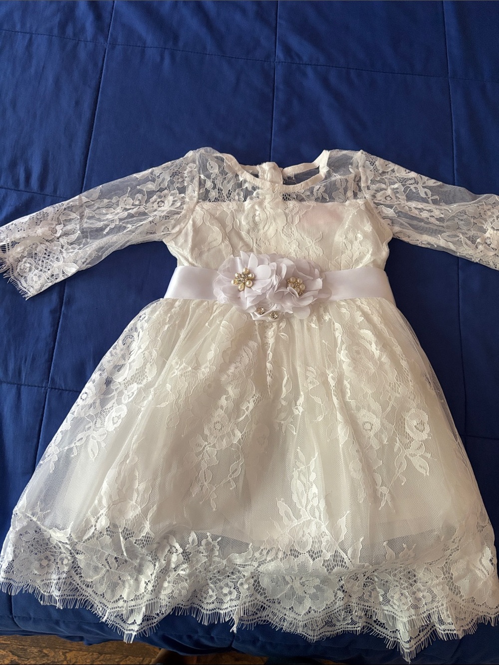 Girls Ivory Lace Flower Sash Dress